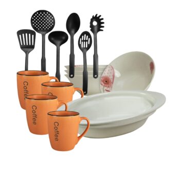 Set de masa, 4 persoane, 15 piese, cana portocalie, bol, tava termorezistenta, ustensile bucatarie, Portelan decorat cu Margareta