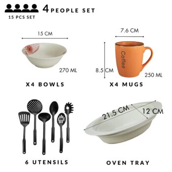 Set de masa, 4 persoane, 15 piese, cana portocalie, bol, tava termorezistenta, ustensile bucatarie, Portelan decorat cu Margareta
