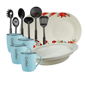 Serviciu de masa, 4 persoane, 15 piese, cana albastra, farfurie intinsa, tava termorezistenta, ustensile bucatarie, Portelan decorat cu trandafir rosu Serviciu de masa, 4 persoane, 15 piese, cana albastra, farfurie intinsa, tava termorezistenta, ustensile bucatarie, Portelan decorat cu trandafir rosu