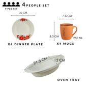 Set de masa, 4 persoane, 9 piese, cana portocalie, farfurie intinsa, tava termorezistenta, Portelan decorat cu Trandafiri rosii