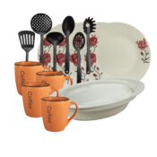 Set de masa, 4 persoane, 15 piese, cana portocalie, farfurie intinsa, tava termorezistenta, ustensile bucatarie, Portelan decorat cu Trandafiri roz