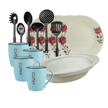 Serviciu de masa, 4 persoane, 15 piese, cana albastra, farfurie intinsa, tava termorezistenta, ustensile bucatarie, Portelan decorat cu trandafir roz
