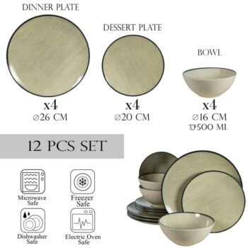 Set farfurii 12 piese, pentru 4 persoane, Sand, Cesiro, Alb Ivoire lucios cu margine neagra