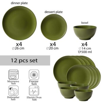 Set farfurii 12  piese, pentru 4 persoane, Olive Green, Cesiro, Verde Masliniu Mat