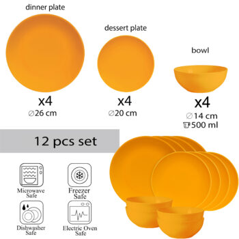 Set farfurii 12 piese, pentru 4 persoane, Sun, Cesiro, Galben Lucios