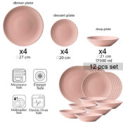 Set farfurii 12 piese, pentru 4 persoane, Pastel Pink, Cesiro, Roz Lucios