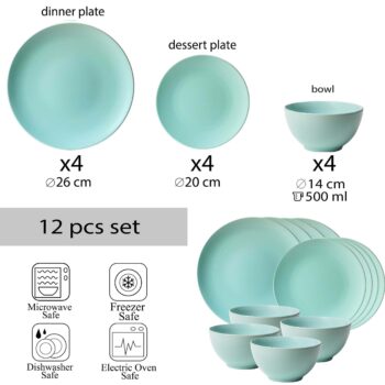 Set farfurii 12 piese, pentru 4 persoane, Peppermint, Cesiro, Verde Mat