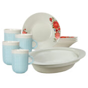 Vesela completa, 4 persoane, 9 piese, cana albastra, farfurie adanca, tava termorezistenta, Portelan decorat cu Trandafiri rosii