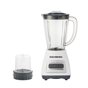 Blender cu rasnita HAUSBERG, 500 W, 4 trepte de viteza, vas din plastic gradat de 1.5 litri, functie Pulse, lame din otel inoxidabil, sistem de siguranta, alb