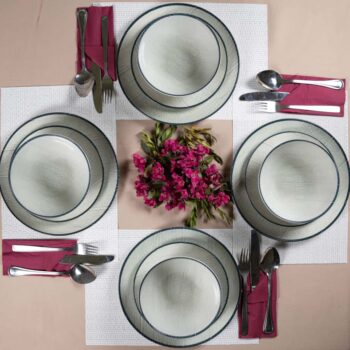Set farfurii 12 piese, pentru 4 persoane, Sand, Cesiro, Alb Ivoire lucios cu margine neagra