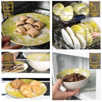Set farfurii 18 piese, pentru 6 persoane, Hawaii, Cesiro, Ivory decorat cu frunze verde-galbui