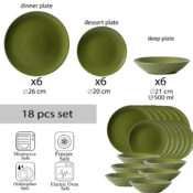 Set farfurii 18 piese, pentru 6 persoane, Olive Green, Cesiro, Verde Masliniu Mat