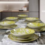 Set farfurii 18 piese, pentru 6 persoane, Hawaii, Cesiro, Alb ivoire cu frunze verde-galbui