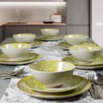 Set farfurii 18 piese, pentru 6 persoane, Hawaii, Cesiro, Ivory decorat cu frunze verde-galbui