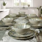 Set farfurii 18 piese, pentru 6 persoane, Hawaii, Cesiro, Alb ivoire cu frunze gri