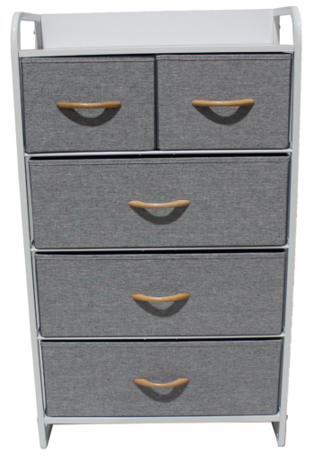 Comoda cu 5 sertare material textil, cadru metalic, blat MDF, 58 x 29 x 99 cm, Grunberg TB87 Gri