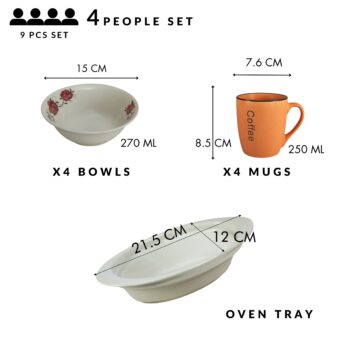 Set de masa, 4 persoane, 9 piese, cana portocalie, bol, tava termorezistenta, Portelan decorat cu Trandafiri roz