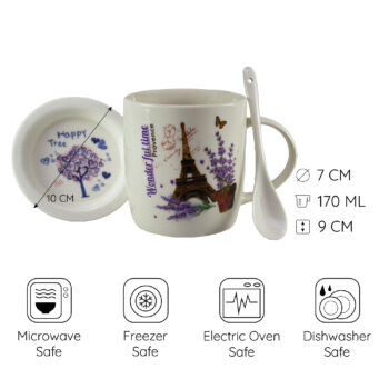 Cana cu farfurie si lingurita 350 ml, Alb cu design Paris