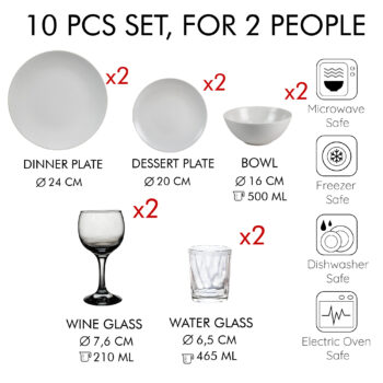 Set de masa, 10 piese, pentru 2 persoane, North Pole, Cesiro, Alb Mat