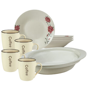 Serviciu de masa, 4 persoane, 9 piese, cana crem, farfurie adanca, tava termorezistenta, Portelan decorat cu Trandafiri roz Serviciu de masa, 4 persoane, 9 piese, cana crem, farfurie adanca, tava termorezistenta, Portelan decorat cu Trandafiri roz