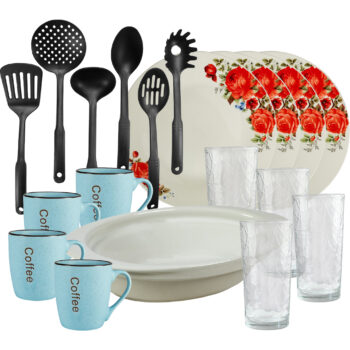Serviciu de masa, 4 persoane, 19 piese, cana albastra, farfurie intinsa, tava termo, ustensile bucatarie, pahare sticla, Portelan decorat cu Trandafiri rosu