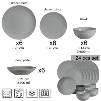 Set farfurii 24 piese, pentru 6 persoane, Silver, Cesiro, Gri Lucios