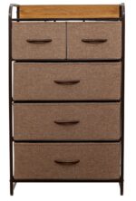 Comoda cu 5 sertare material textil, cadru metalic, blat MDF, 58 x 29 x 99 cm, Grunberg TB87 Crem