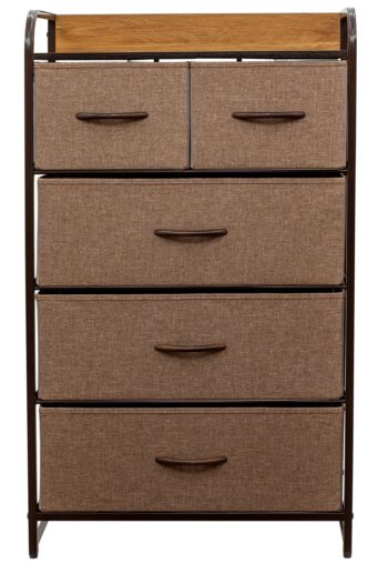Comoda cu 5 sertare material textil, cadru metalic, blat MDF, 58 x 29 x 99 cm, Grunberg TB87 Crem