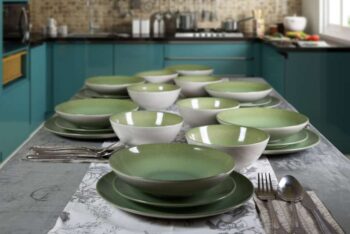 Set farfurii 24 piese, pentru 6 persoane, Kiwi, Cesiro, Alb Ivoire cu verde