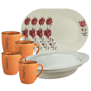 Set de masa, 4 persoane, 9 piese, cana portocalie, farfurie intinsa, tava termorezistenta, Portelan decorat cu Trandafiri roz