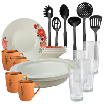 Set de masa, 4 persoane, 19 piese, cana portocalie, farfurie adanca, tava termo, ustensile bucatarie, pahare sticla, Portelan decorat cu Trandafiri rosii