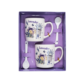 Set 2 Cești cu decor Lavandă și lingurițe Set 2 Cești cu decor Lavandă și lingurițe