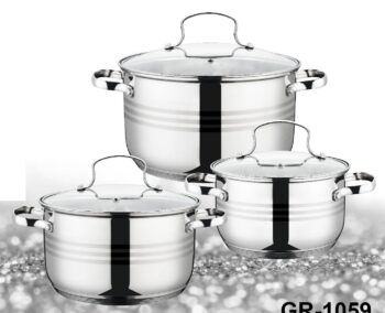 Set 6 piese Grunberg, 3 vase din inox, compatibile cu plita cu inductie, cu capace din sticla, GR1059