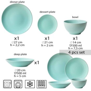 Set farfurii 4 piese, pentru o persoana, Peppermint, Cesiro, Verde Menta Mat