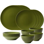 Set farfurii 16 piese, pentru 4 persoane, Olive Green, Cesiro, Verde Masliniu