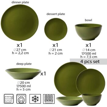 Set farfurii 4 piese, pentru o persoana, Olive Green, Cesiro, Verde Masliniu Lucios