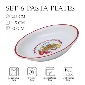 Set 6 farfurii adanci Alb cu decor Spaghetti 21 cm