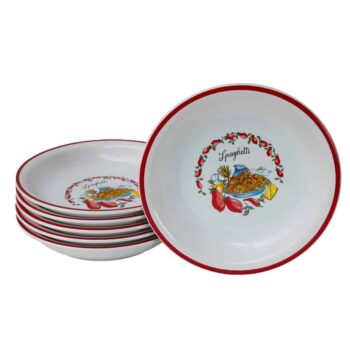 Set 6 farfurii adanci Alb cu decor Spaghetti 21 cm