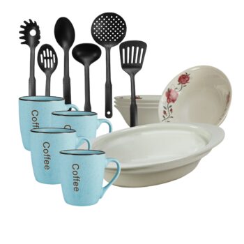 Serviciu de masa, 4 persoane, 15 piese, cana albastra, bol, tava termorezistenta, ustensile bucatarie, Portelan decorat cu orhidee