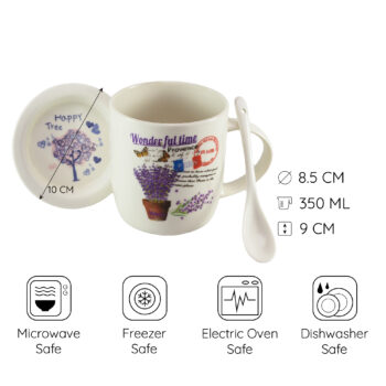 Cana cu farfurie si lingurita, 350 ml, Alb cu design ghiveci lavanda