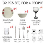 Set de masa 32 piese, pentru 4 persoane, Rose, Cesiro, Portelan, Alb, decorat cu trandafir roz