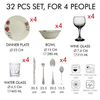 Set de masa 32 piese, pentru 4 persoane, Rose, Cesiro, Portelan, Alb, decorat cu trandafir roz