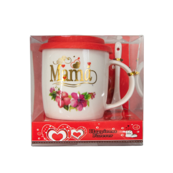 Cana cu capac din silicon decorata cu mesajul Mama si lingurita