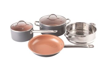 Oferta : Set 6 piese, 3 vase din aluminiu cu invelis antiaderent , cu ceramica si titan , Grunberg GR6936