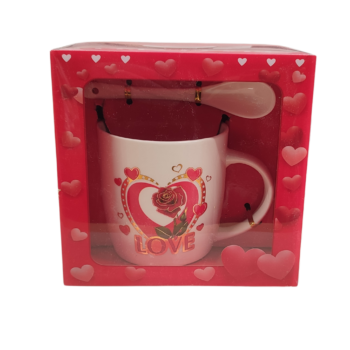 Set cană, 300ml,  și lingurță cu trandafir și mesaj LOVE