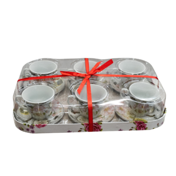 Set 6 cești cu farfurioare decorate cu flori galbene si roz