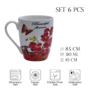 Set 6 cesti Albe cu flori rosii, 310 ml