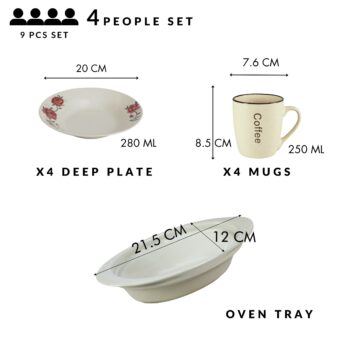 Serviciu de masa, 4 persoane, 9 piese, cana crem, farfurie adanca, tava termorezistenta, Portelan decorat cu Trandafiri roz