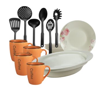 Set de masa, 4 persoane, 15 piese, cana portocalie, farfurie adanca, tava termorezistenta, ustensile bucatarie, Portelan decorat cu Orhidee Set de masa, 4 persoane, 15 piese, cana portocalie, farfurie adanca, tava termorezistenta, ustensile bucatarie, Portelan decorat cu Orhidee