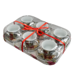 Set 6 cești cu farfurioare decorate cu boabe de cafea si trandafir rosu